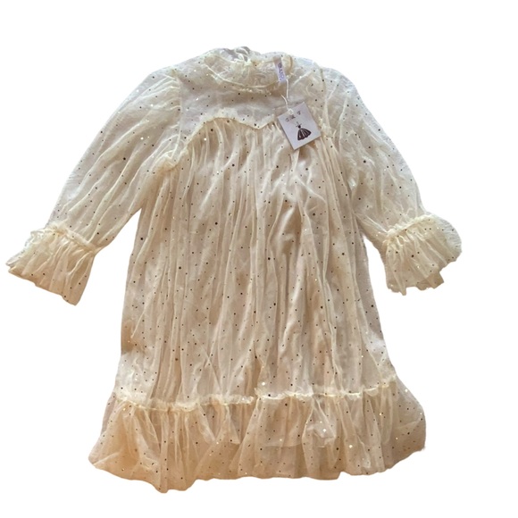 C L T Dresses & Skirts - Stunning Whimsical Cream Gold Star Sheer Lined Long Sleeves Dress New Condition!